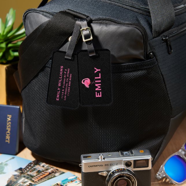 Étiquette À Bagage Pink Flamingo Custom text Black Paisley (Recto & Verso)