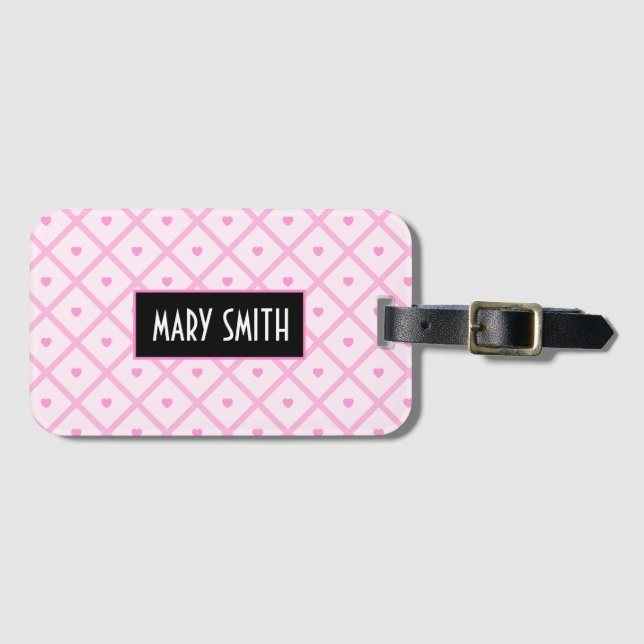 Étiquette À Bagage Pink Heart Moderne Plaid Collection (Devant Horizontal)