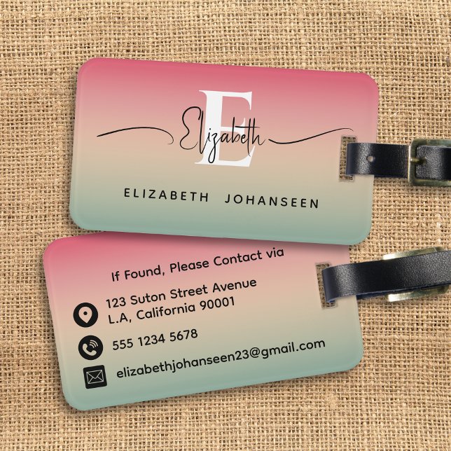 Étiquette À Bagage Pink Yellow & Green Gradient Nom du script Monogra (Créateur téléchargé)