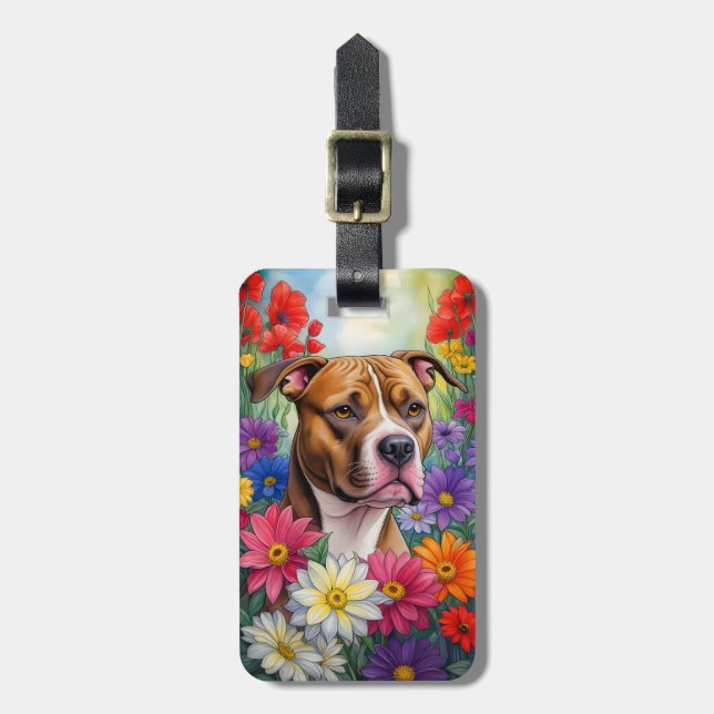 Étiquette À Bagage Pitbull dans le jardin des fleurs (Devant Vertical)