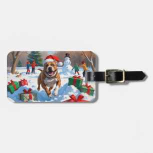 Étiquette À Bagage Pitbull Dog courir dans la neige avec le Casquette