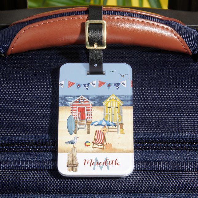 Étiquette À Bagage Plage amusante Scène été Océan Monogramme (Créateur téléchargé)