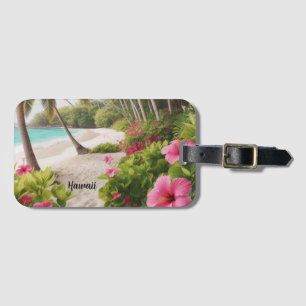 Étiquette À Bagage Plage de sable tropical Hawaï fleurs d'hibiscus ro