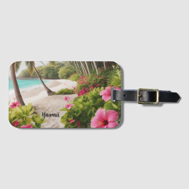 Étiquette À Bagage Plage de sable tropical Hawaï fleurs d'hibiscus ro (Devant Horizontal)