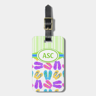 Étiquette À Bagage Plage de tongs couleur Monogramme vert