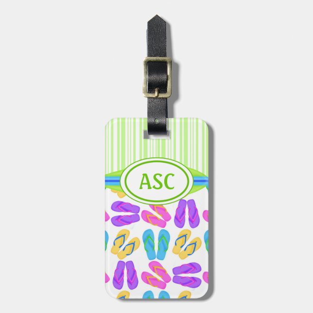 Étiquette À Bagage Plage de tongs couleur Monogramme vert (Devant Vertical)
