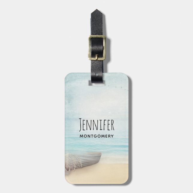 Étiquette À Bagage Plage nautique avec Rowboat & Fishing Net (Devant Vertical)