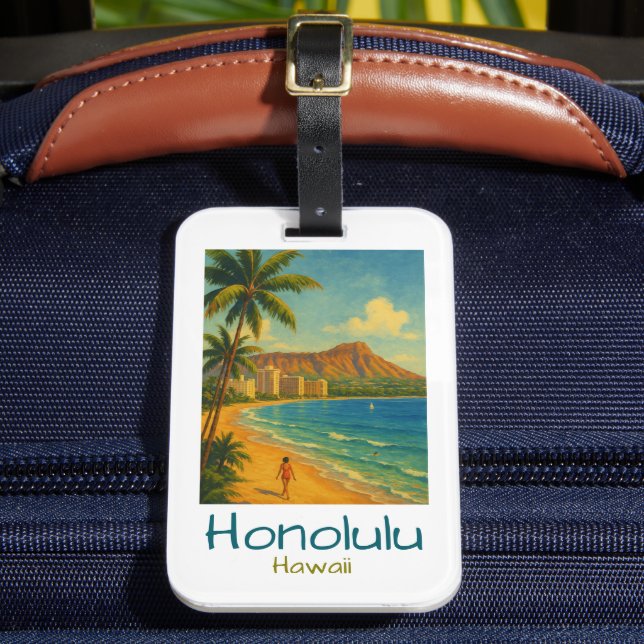 Étiquette À Bagage Plage Rétro Honolulu Hawaii Waikiki (Insitu Rectoal 2)
