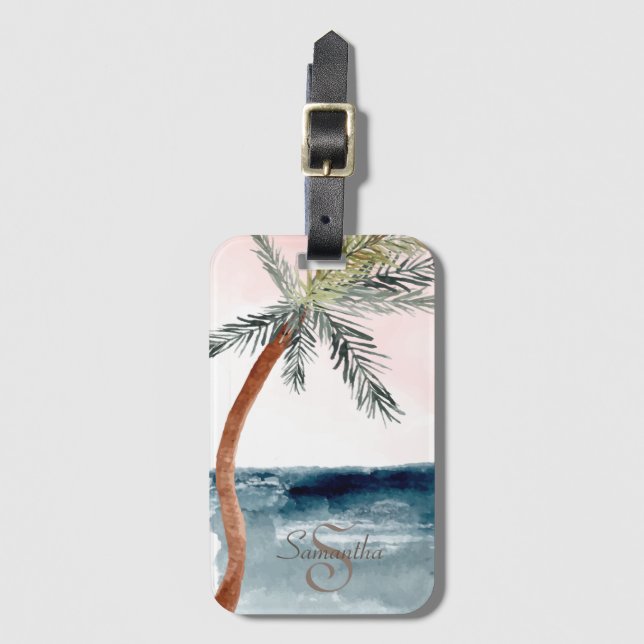 Étiquette À Bagage Plage tropicale palmier-monogramme (Devant Vertical)