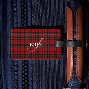 Étiquette À Bagage Plaid Rustique Rouge Chic Typographie Monogrammée