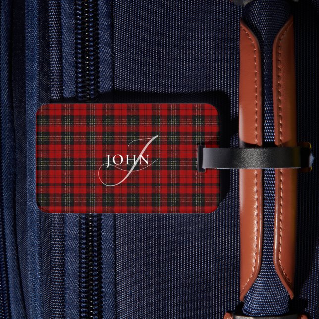 Étiquette À Bagage Plaid Rustique Rouge Chic Typographie Monogrammée (Verso Insitu 2)
