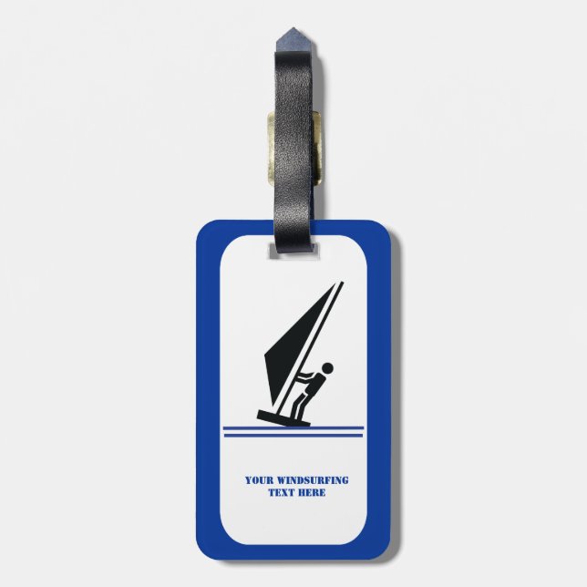 Étiquette À Bagage Planche à voile à bord noir, planche à voile bleue (Dos Vertical)
