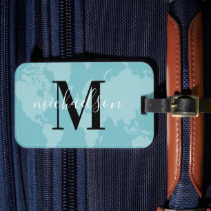 Étiquette À Bagage Planisphère Monde Aqua Bleu Script Monogramme