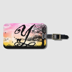 Étiquette À Bagage Pleine lune et chat Y Numéro initial de la valise