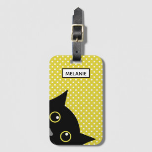Étiquette À Bagage Point de polka curieux de jaune de chat noir