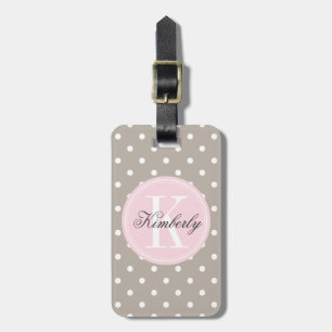 Étiquette À Bagage Point de polka de Taupe avec le monogramme rose