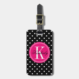 Étiquette À Bagage Point de polka noir avec le monogramme rose