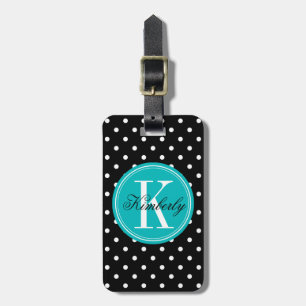 Étiquette À Bagage Point de polka noir avec le monogramme turquoise