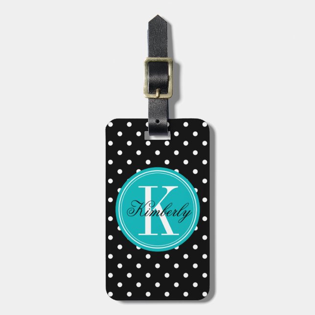 Étiquette À Bagage Point de polka noir avec le monogramme turquoise (Devant Vertical)