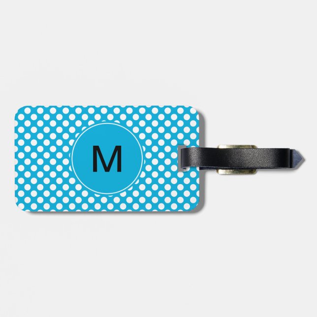 Étiquette À Bagage Point Polka blanc et bleu monogramme (Dos horizontal)
