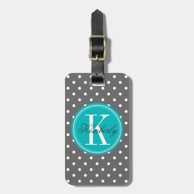 Étiquette À Bagage Point Polka gris avec Monogramme Turquoise (Devant Vertical)