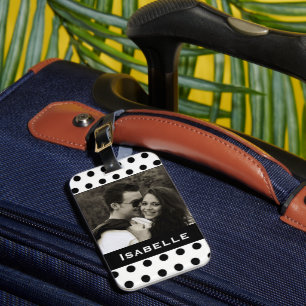 Étiquette À Bagage Pointe Polka noir et blanc photo personnalisée