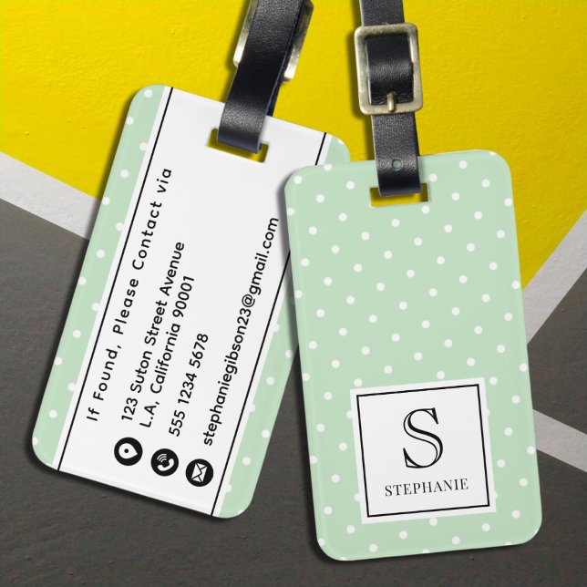 Étiquette À Bagage Points Blancs Motif avec Monogramme Noir Vert (Créateur téléchargé)