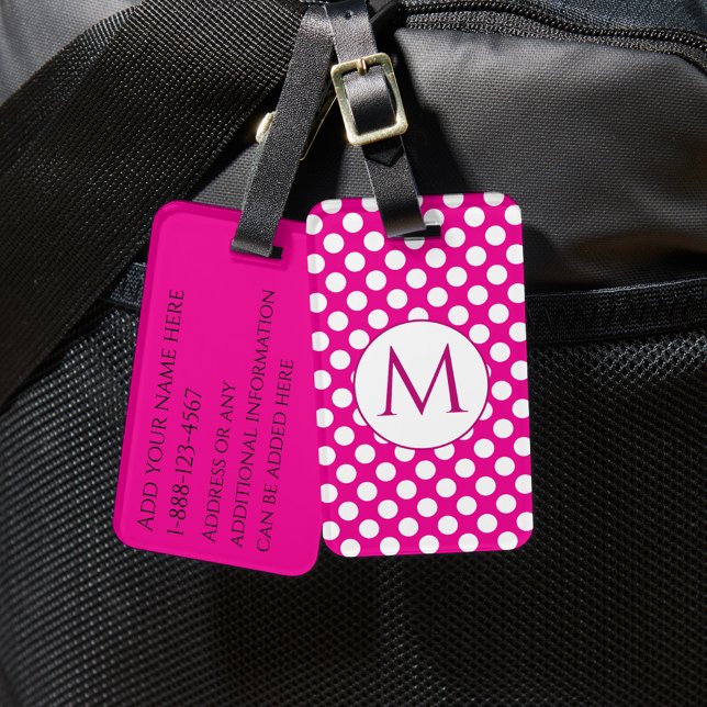 Étiquette À Bagage Points de polka de monogramme rose vif Couleurs vi (Créateur téléchargé)