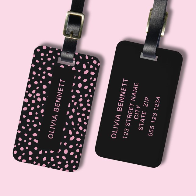 Étiquette À Bagage Points modernes rose noir (Modern & stylish luggage tag perfect travel accessories  Black with scattered pink dots. Customize!)