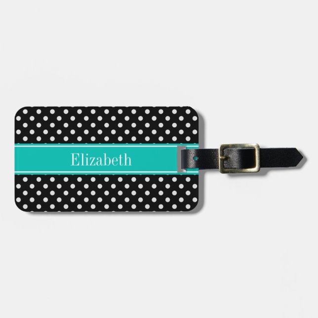 Étiquette À Bagage Points noirs et blancs Monogramme de nom sarcelle (Devant horizontal)
