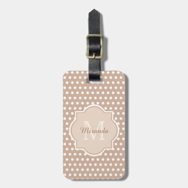 Étiquette À Bagage Pois bronzage moderne avec le monogramme et le nom (Devant Vertical)