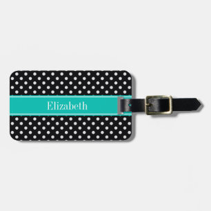 Étiquette À Bagage Pois noirs et blancs Nom Turquoise Monogramme
