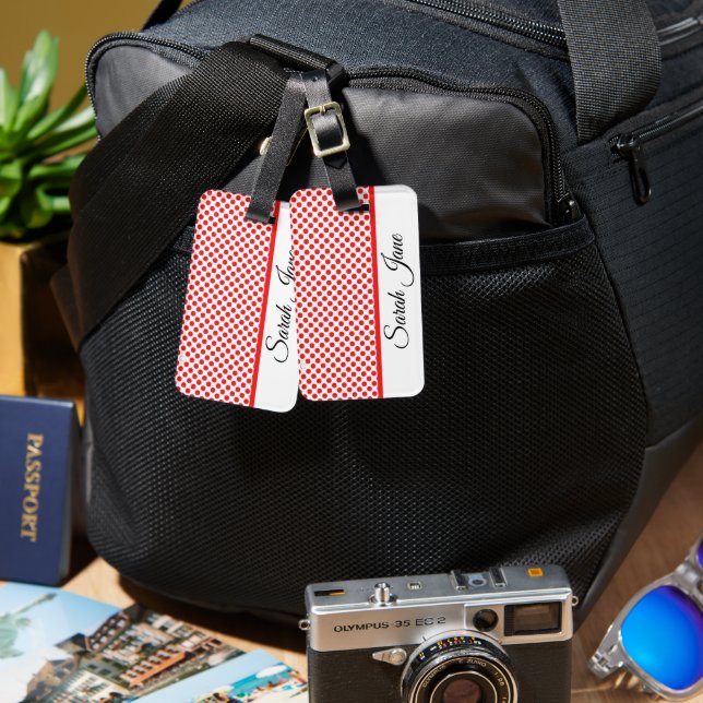 Étiquette À Bagage Pois rouge blanc classique | Nom personnalisé (Recto & Verso)