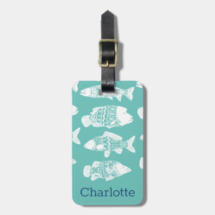 Étiquette À Bagage Poisson floral blanc marine   Personnalisé