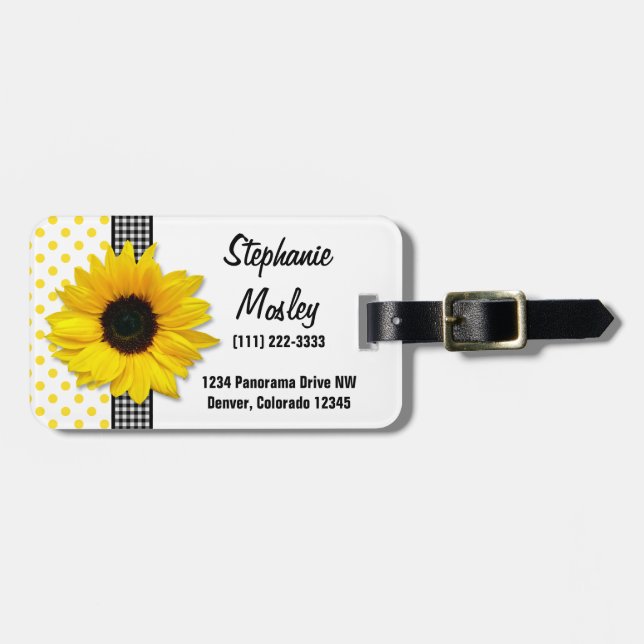 Étiquette À Bagage Polka de tournesol En vichy jaune noir blanc (Devant horizontal)