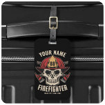 Étiquette À Bagage Pompier personnalisé Crâne pompier pompier départe<br><div class="desc">Conception personnalisée du service d'incendie de pompier crâne - Squelette avec casque rouge et double axe. Customisez avec votre nom,  votre numéro de station/de bureau et votre emplacement.</div>