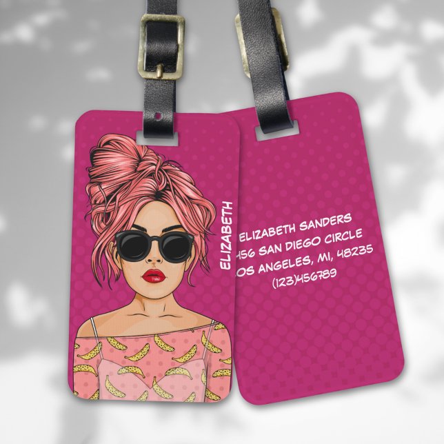 Étiquette À Bagage Pop Art Comic Girl Pink Background (Créateur téléchargé)