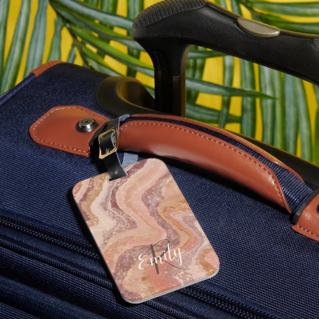 Étiquette À Bagage Porte en grès rose Marbre Nom Abstrait Monogramme (Insitu Rectoal 1)
