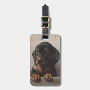 Étiquette À Bagage Portrait à l'huile d'un chiot teckel vintage