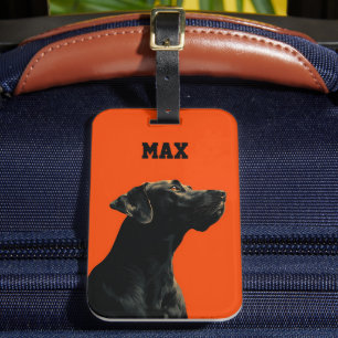 Étiquette À Bagage Portrait de chien noir sur fond orange