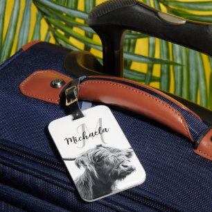 Étiquette À Bagage Portrait de vache Highland premier monogramme noir