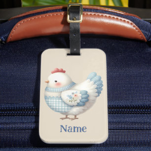Étiquette À Bagage Poule de Cottage en Gingham Bleu