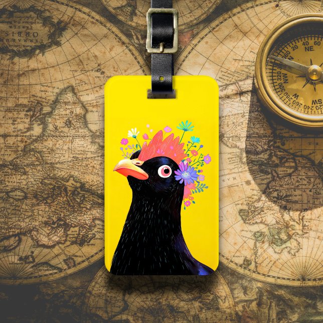 Étiquette À Bagage Poule noire avec fleurs (Créateur téléchargé)
