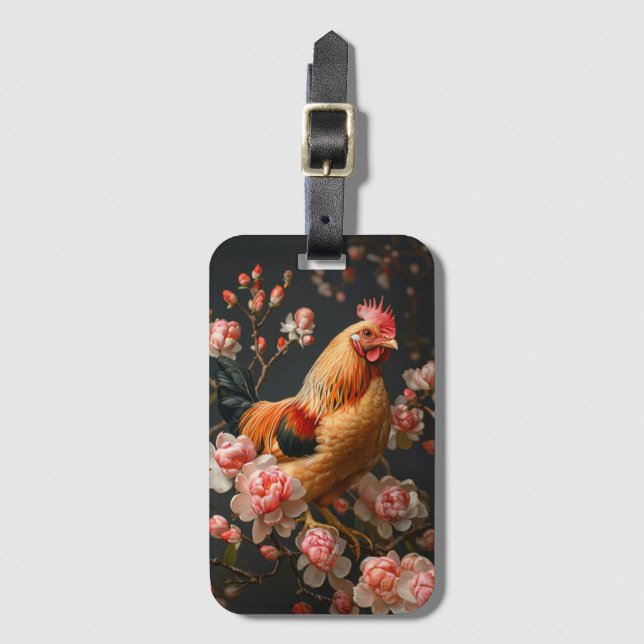 Étiquette À Bagage Poulet entouré de fleurs roses (Devant Vertical)