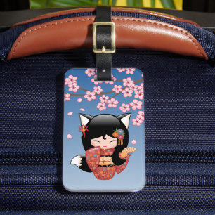 Étiquette À Bagage Poupée Kitsune Kokeshi - Black Fox Geisha Girl