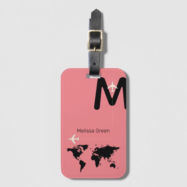 Étiquette À Bagage pour elle, un monogramme noir sur PINK (Devant Vertical)