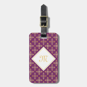 Étiquette À Bagage Pourpre de luxe et or Quatre de monogramme floral