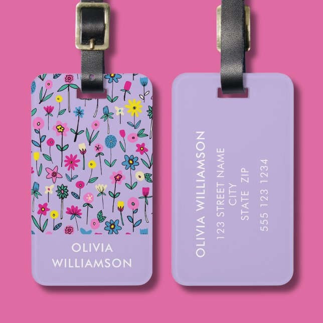 Étiquette À Bagage prairie florale de lilas fleur sauvage (Wildflower lilac floral meadow cottage core personalized luggage tag)