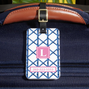 Étiquette À Bagage Preppy Blue Trellis Bamboo Motif Monogramme