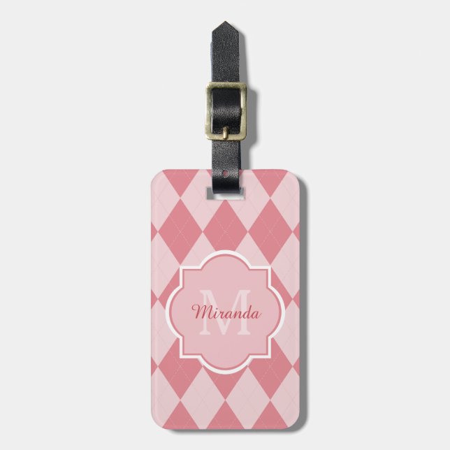 Étiquette À Bagage Preppy Jacquard rose Girly Monogram Nom du voyage (Devant Vertical)